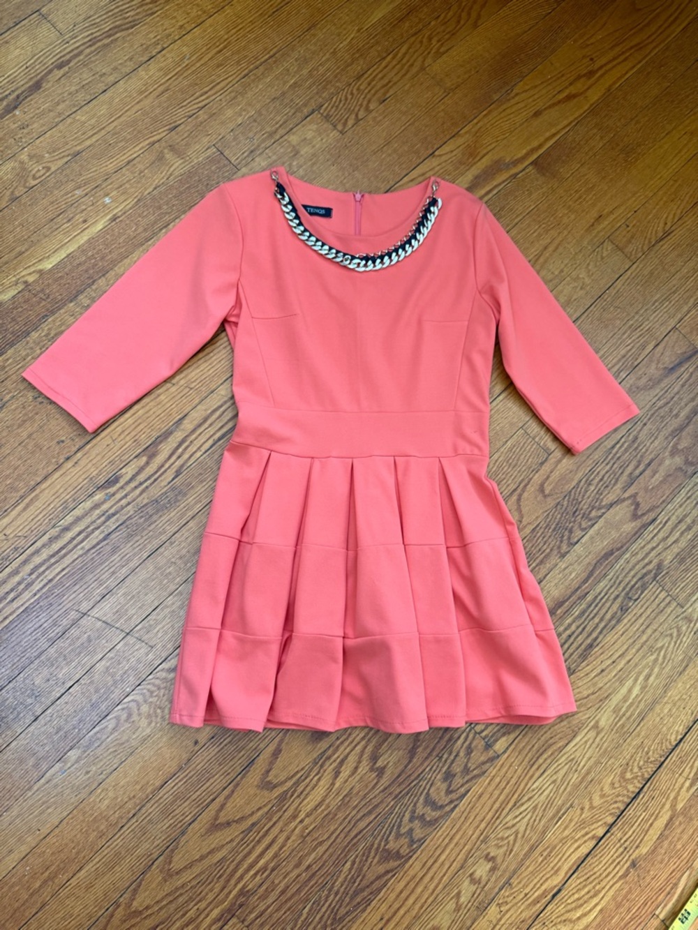 Girls' Coral Pink Pleated Skater Dress with Chain Detail